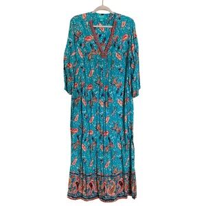 Kate Landry Casual Woman Floral Teal Maxi Kaftan Patio Dress 1X